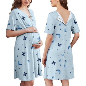 image:imageEkouaer Labor and Delivery Gown for Hospital V Neck Maternity Nursing DressLight Blue Moon Planet Butterfly