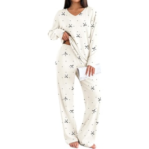 image:imageEkouaer Lounge Sets for Women Long Sleeve Knit Ribbed Pajama Sets 2 Piece Casual Loungewear with PocketsApricot Bowknot