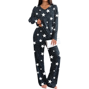 image:imageEkouaer Lounge Sets for Women Long Sleeve Knit Ribbed Pajama Sets 2 Piece Casual Loungewear with PocketsGray Stars