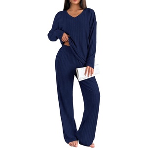 image:imageEkouaer Lounge Sets for Women Long Sleeve Knit Ribbed Pajama Sets 2 Piece Casual Loungewear with PocketsNavy Blue