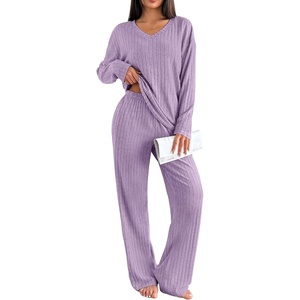 image:imageEkouaer Lounge Sets for Women Long Sleeve Knit Ribbed Pajama Sets 2 Piece Casual Loungewear with PocketsPurple
