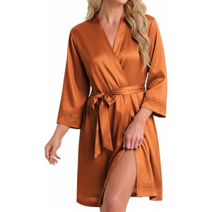 image:imageEkouaer Women Silky Satin Robe Lace Bridesmaid Bathrobes Kimono LoungewearCaramel Colour