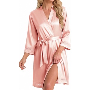 image:imageEkouaer Women Silky Satin Robe Lace Bridesmaid Bathrobes Kimono LoungewearChampagne