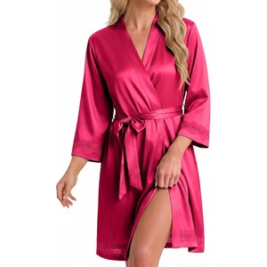 image:imageEkouaer Women Silky Satin Robe Lace Bridesmaid Bathrobes Kimono LoungewearCherry Red