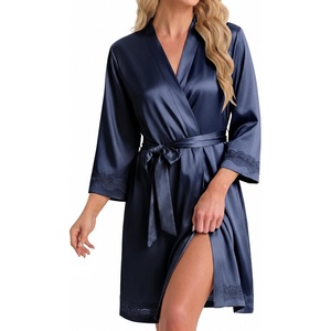 image:imageEkouaer Women Silky Satin Robe Lace Bridesmaid Bathrobes Kimono LoungewearDeep Blue
