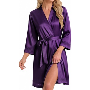 image:imageEkouaer Women Silky Satin Robe Lace Bridesmaid Bathrobes Kimono LoungewearDeep Purple