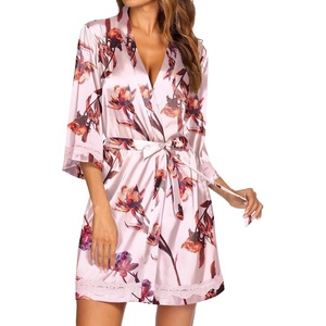 image:imageEkouaer Women Silky Satin Robe Lace Bridesmaid Bathrobes Kimono LoungewearFloral Light Pink