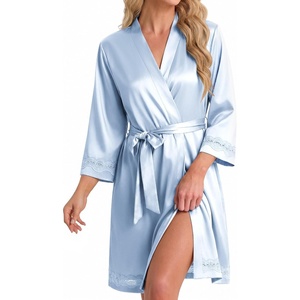 image:imageEkouaer Women Silky Satin Robe Lace Bridesmaid Bathrobes Kimono LoungewearGrey Blue