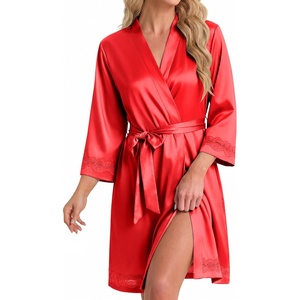 image:imageEkouaer Women Silky Satin Robe Lace Bridesmaid Bathrobes Kimono LoungewearRed
