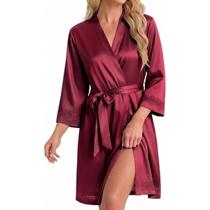 image:imageEkouaer Women Silky Satin Robe Lace Bridesmaid Bathrobes Kimono LoungewearWine Red