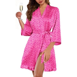 image:imageEkouaer Womens Satin Robes Short Silk Kimono Bath Robe with Pockets01hot Pink Leopard