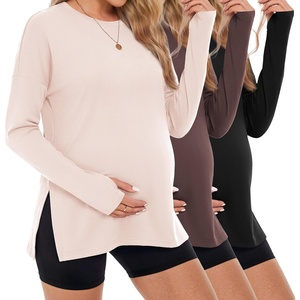 image:image3 Pack Women Maternity Shirts Long Sleeve Pregnancy Tops with Thumb HoleBlackBrownBeige