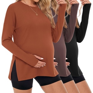 image:image3 Pack Women Maternity Shirts Long Sleeve Pregnancy Tops with Thumb HoleBlackBrownCaramel