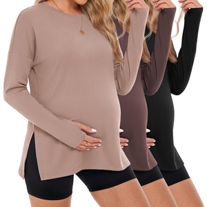 image:image3 Pack Women Maternity Shirts Long Sleeve Pregnancy Tops with Thumb HoleBlackBrownKhaki