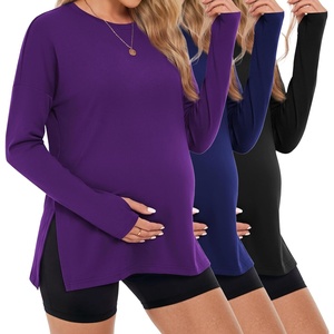 image:image3 Pack Women Maternity Shirts Long Sleeve Pregnancy Tops with Thumb HoleBlackDeep PurpleNavy Blue