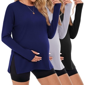 image:image3 Pack Women Maternity Shirts Long Sleeve Pregnancy Tops with Thumb HoleBlackNavy BlueLight Grey