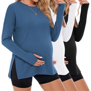 image:image3 Pack Women Maternity Shirts Long Sleeve Pregnancy Tops with Thumb HoleBlackWhiteBlue