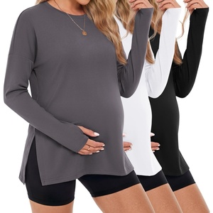 image:image3 Pack Women Maternity Shirts Long Sleeve Pregnancy Tops with Thumb HoleBlackWhiteDeep Grey