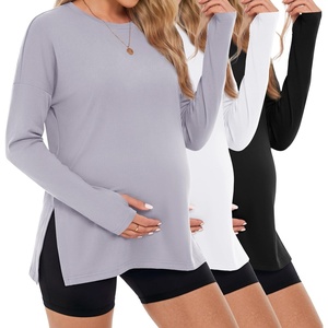 image:image3 Pack Women Maternity Shirts Long Sleeve Pregnancy Tops with Thumb HoleBlackWhiteLight Grey