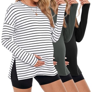 image:image3 Pack Women Maternity Shirts Long Sleeve Pregnancy Tops with Thumb HoleDeep Army GreenBlackStripeblack  White