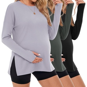 image:image3 Pack Women Maternity Shirts Long Sleeve Pregnancy Tops with Thumb HoleLight GreyBlackDeep Army Green