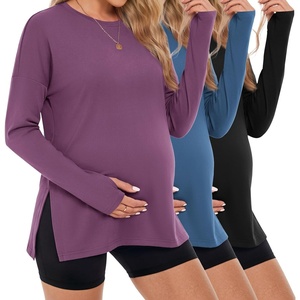 image:image3 Pack Women Maternity Shirts Long Sleeve Pregnancy Tops with Thumb HolePurplishredBlueBlack