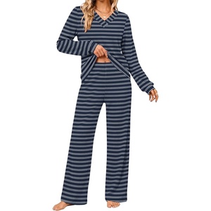 image:imageEkouaer Lounge Sets for Women Long Sleeve 2 Piece Pajamas Set with PocketsNavy White Stripe