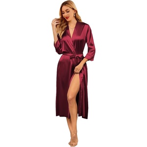 image:imageEkouaer Silk Robes for Women Long Satin Bride Bridesmaid Robe with PocketsWine Red