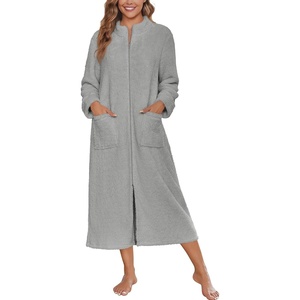 image:imageEkouaer Women Zip Up Robe Fleece Long Sleeves Soft Housecoat with PocketsLight Gray