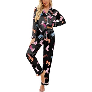 image:imageEkouaer Womens Satin Silky Pajama Set Classic Pattern Button Down Pjs SetBlack Boots 03
