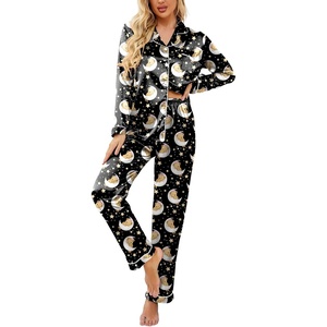 image:imageEkouaer Womens Satin Silky Pajama Set Classic Pattern Button Down Pjs SetBlack Teddy Moon