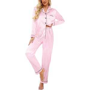 image:imageEkouaer Womens Satin Silky Pajama Set Classic Pattern Button Down Pjs SetPink Stripes 03