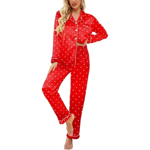 image:imageEkouaer Womens Satin Silky Pajama Set Classic Pattern Button Down Pjs SetRed Heart 03