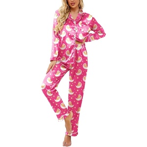image:imageEkouaer Womens Satin Silky Pajama Set Classic Pattern Button Down Pjs SetRose Teddy Moon