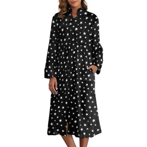 image:imageEkouaer Womens Zipper Front Robes Full Length Warm Nightgowns with PocketsBlack Stars