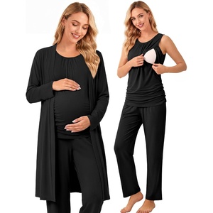 image:imageWomen 3PCS Maternity Robe Sets Nursing Pajamas Postpartum Breastfeeding PjsBlack