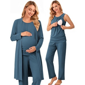 image:imageWomen 3PCS Maternity Robe Sets Nursing Pajamas Postpartum Breastfeeding PjsDark Blue