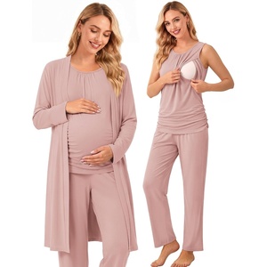 image:imageWomen 3PCS Maternity Robe Sets Nursing Pajamas Postpartum Breastfeeding PjsDirty Pink