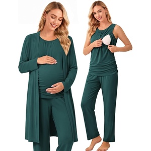 image:imageWomen 3PCS Maternity Robe Sets Nursing Pajamas Postpartum Breastfeeding PjsLake Green