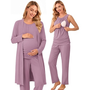 image:imageWomen 3PCS Maternity Robe Sets Nursing Pajamas Postpartum Breastfeeding PjsLight Purple