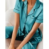 image:imageEkouaer 2 Piece Satin Short Sleeve Pajamas Set Button Down SleepwearBlue Green