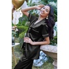 image:imageEkouaer 2 Piece Satin Short Sleeve Pajamas Set Button Down SleepwearDark Black