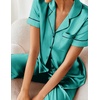 image:imageEkouaer 2 Piece Satin Short Sleeve Pajamas Set Button Down SleepwearDark Green