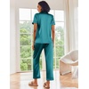 image:imageEkouaer 2 Piece Satin Short Sleeve Pajamas Set Button Down SleepwearDark Green