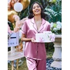 image:imageEkouaer 2 Piece Satin Short Sleeve Pajamas Set Button Down SleepwearPurple Pink
