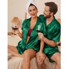 image:imageEkouaer Couple Matching Pajamas Sets Silk Short Sleeve Button Up SleepwearGreen