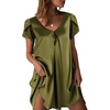 image:imageEkouaer Satin Nightgowns for Women Short Sleeve VNeck Silk Sleep ShirtArmy Green