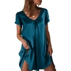 image:imageEkouaer Satin Nightgowns for Women Short Sleeve VNeck Silk Sleep ShirtBlue Green