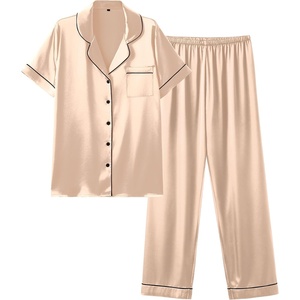 image:imageEkouaer 2 Piece Satin Short Sleeve Pajamas Set Button Down SleepwearAlmond