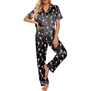 image:imageEkouaer 2 Piece Satin Short Sleeve Pajamas Set Button Down SleepwearBlack Cocktail